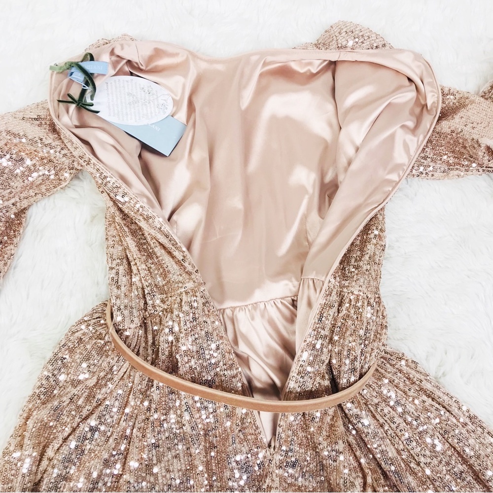 ANTONIO MELANI x Nicola Bathie Rose Gold Sequin Maxi Dress Feather Formal Size 2 - Picture 9 of 14